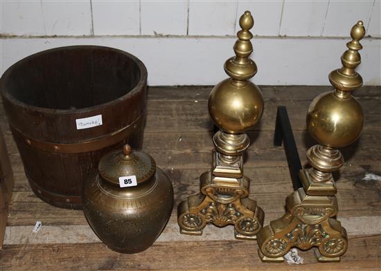Coopered barrel, pair fire dogs, brass pot, etc